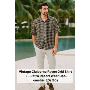 Vintage Claiborne Grid Print Short-Sleeve Shirt Large Black Tan Resort Wear